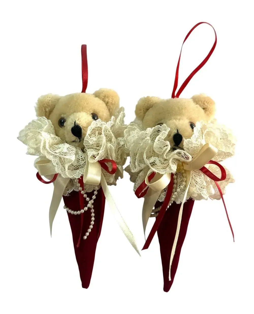 Vintage Victorian Teddy Bear Cone Christmas Ornaments Lace Velvet Pair 6”